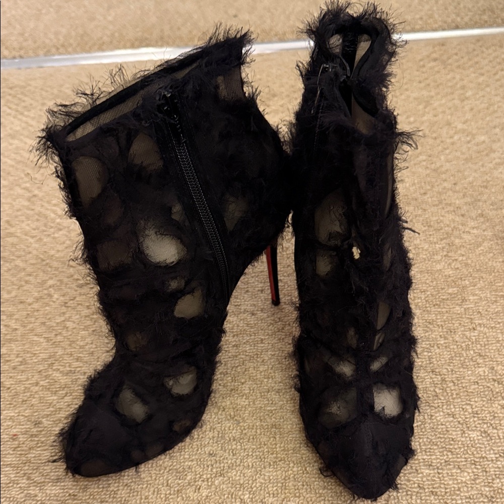 Christian Louboutin Black and Red Textured Heeled Boots